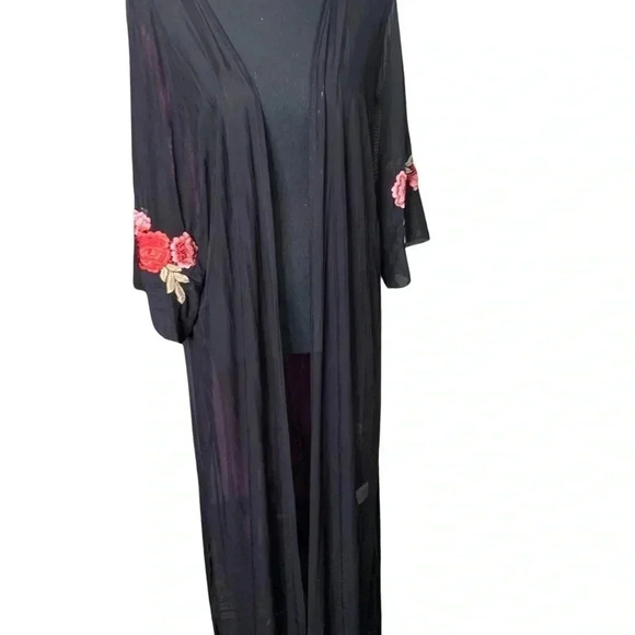 Tops - Black sheer Duster with Rose Detail, Size Large